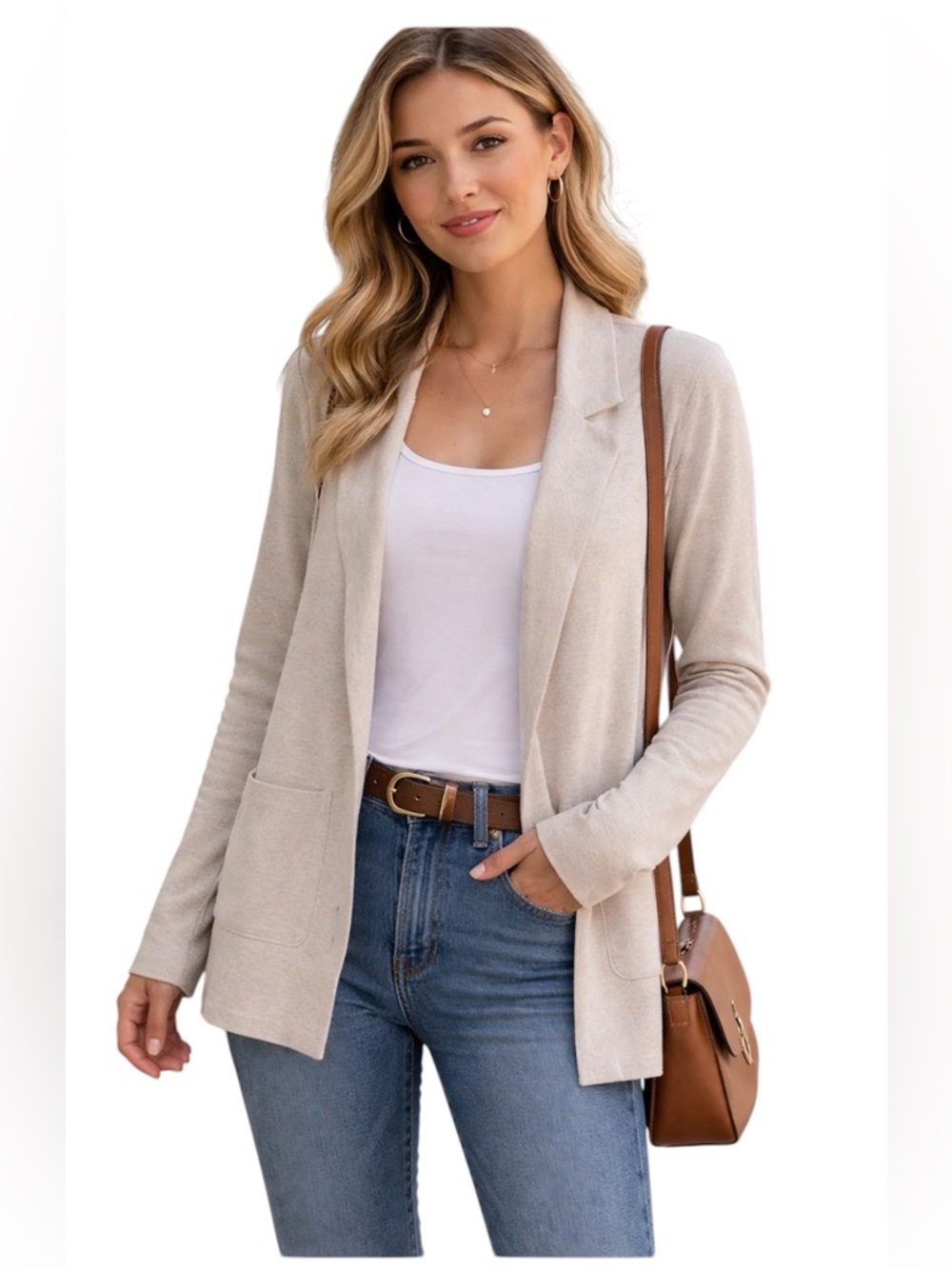 Roz & Ali Oatmeal Open-Front Cardigan